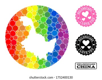 Vector mosaic LGBT map of Heilongjiang Province from round elements, and Love watermark seal stamp. Hole round map of Heilongjiang Province collage created with circles in various sizes,