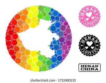 Vector mosaic LGBT map of Henan Province with round items, and Love rubber seal stamp. Stencil round map of Henan Province collage formed with circles in different sizes,