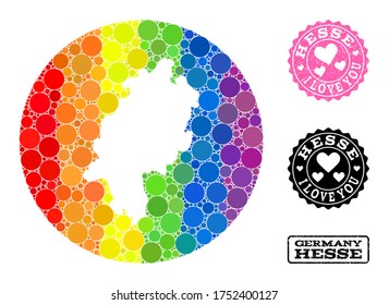 Vector mosaic LGBT map of Hesse State of round elements, and Love scratched seal. Hole circle map of Hesse State collage created with circles in variable sizes, and spectrum multicolored color hues.