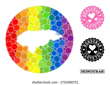 Vector mosaic LGBT map of Honduras of round blots, and Love watermark stamp. Subtraction round map of Honduras collage composed with circles in different sizes, and rainbow multicolored shades.