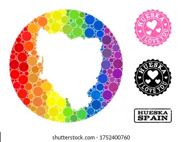 Vector mosaic LGBT map of Hueska Province with round blots, and Love scratched stamp. Stencil round map of Hueska Province collage composed with circles in variable sizes,