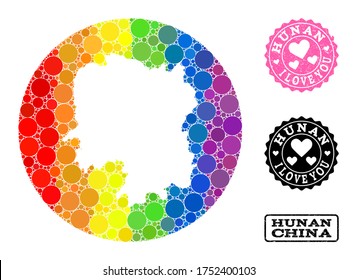 Mapa de mosaico vectorial LGBT de la provincia de Hunan con elementos circulares, y foca rayada de amor. Mapa del círculo de retracción del collage de la provincia de Hunan compuesto por círculos de diferentes tamaños,