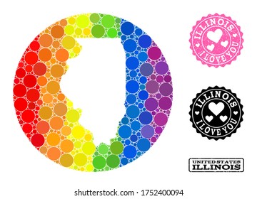 Vector mosaic LGBT map of Illinois State with round items, and Love scratched seal stamp. Stencil round map of Illinois State collage formed with circles in different sizes,