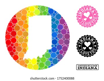 Vector mosaic LGBT map of Indiana State from circle dots, and Love scratched seal stamp. Stencil round map of Indiana State collage composed with circles in variable sizes,