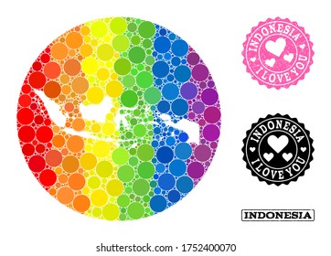 Vector mosaic LGBT map of Indonesia of round dots, and Love watermark seal. Subtraction round map of Indonesia collage designed with circles in variable sizes, and spectrum colorful color tints.