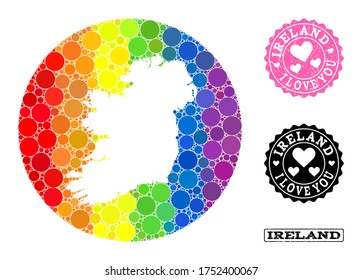 Mapa de mosaico vectorial LGBT de la isla de Irlanda con puntos circulares, y sello de sello de sello de amor arañado. Mapa del círculo de retracción del collage de la Isla de Irlanda creado con círculos de diferentes tamaños,