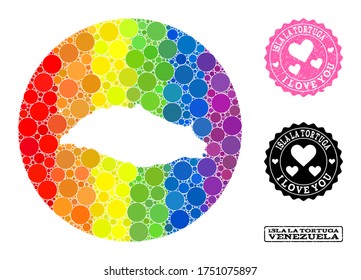 Vector mosaic LGBT map of Isla La Tortuga with round spots, and Love watermark stamp. Subtraction round map of Isla La Tortuga collage designed with circles in variable sizes,
