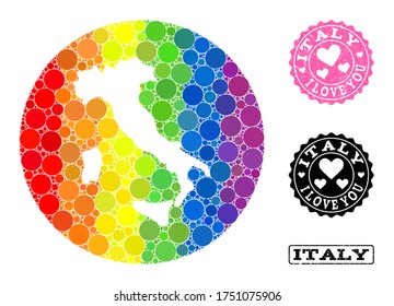 Vector mosaic LGBT map of Italy of round items, and Love watermark seal. Hole round map of Italy collage formed with circles in variable sizes, and rainbow bright color tinges.