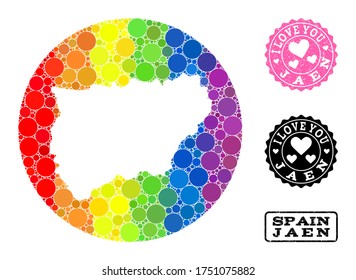 Vector mosaic LGBT map of Jaen Spanish Province of circle blots, and Love scratched seal. Subtraction circle map of Jaen Spanish Province collage composed with circles in various sizes,