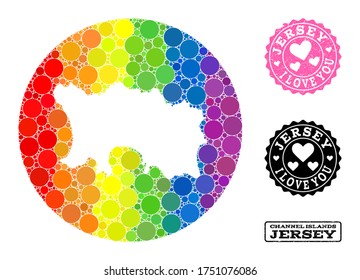 Mapa de mosaico vectorial LGBT de la isla de Jersey con objetos redondos, y sello de sello de la marca de agua Love. Mapa redondo de hoyo del collage de la isla de Jersey creado con círculos de varios tamaños, y tintes de colores brillantes del espectro.
