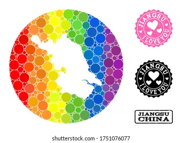 Mapa de mosaico vectorial LGBT de la provincia de Jiangsu con puntos circulares y sello de la marca de agua Love. Mapa del círculo de hoyos de la provincia de Jiangsu formado con círculos de varios tamaños y tonos de colores brillantes del arcoiris.