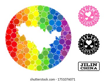 Vector mosaic LGBT map of Jilin Province with round elements, and Love scratched seal stamp. Subtraction circle map of Jilin Province collage formed with circles in different sizes,