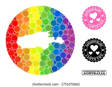 Vector mosaic LGBT map of Kangaroo Island from round blots, and Love rubber stamp. Stencil round map of Kangaroo Island collage created with circles in various sizes, and rainbow colorful color hues.