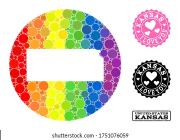Vector mosaic LGBT map of Kansas State with circle elements, and Love watermark stamp. Subtraction circle map of Kansas State collage created with circles in various sizes,