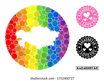 Vector mosaic LGBT map of Kazakhstan from circle elements, and Love scratched seal. Subtraction round map of Kazakhstan collage formed with circles in different sizes, and rainbow bright color hues.