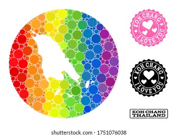 Vector mosaic LGBT map of Koh Chang with circle elements, and Love grunge seal stamp. Subtraction circle map of Koh Chang collage designed with circles in various sizes,