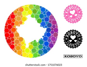 Vector mosaic LGBT map of Kosovo of round dots, and Love grunge stamp. Hole round map of Kosovo collage formed with circles in various sizes, and rainbow bright color tones.