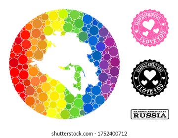 Vector mosaic LGBT map of Krasnodarskiy Kray with circle dots, and Love watermark seal. Hole circle map of Krasnodarskiy Kray collage composed with circles in different sizes,