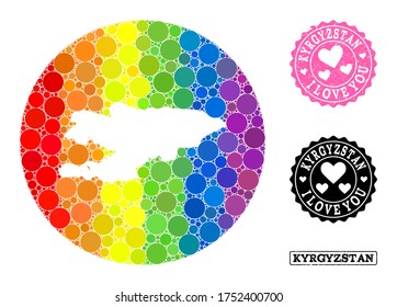 Vector mosaic LGBT map of Kyrgyzstan with round elements, and Love grunge seal. Hole circle map of Kyrgyzstan collage created with circles in various sizes, and spectrum colored color tinges.