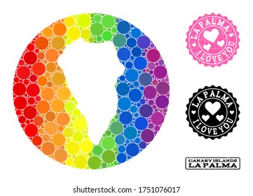 Vector mosaic LGBT map of La Palma Island with round elements, and Love grunge seal. Stencil round map of La Palma Island collage designed with circles in different sizes,