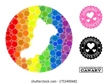 Vector mosaic LGBT map of La Graciosa Island of round spots, and Love scratched stamp. Subtraction circle map of La Graciosa Island collage composed with circles in different sizes,