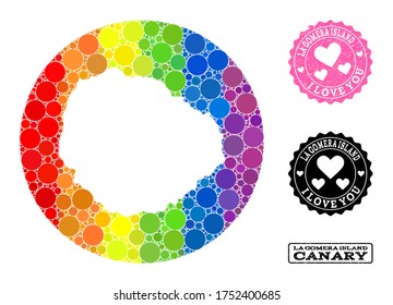 Vector mosaic LGBT map of La Gomera Island with spheric dots, and Love watermark stamp. Hole circle map of La Gomera Island collage created with circles in various sizes,