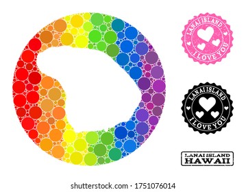 Vector mosaic LGBT map of Lanai Island with circle dots, and Love rubber stamp. Hole circle map of Lanai Island collage created with circles in various sizes, and rainbow bright color hues.