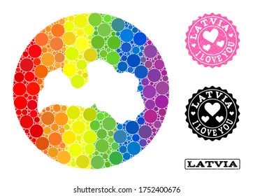 Vector mosaic LGBT map of Latvia with round blots, and Love scratched seal. Stencil round map of Latvia collage formed with circles in various sizes, and spectrum bright color tones.