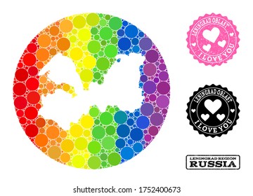 Vector mosaic LGBT map of Leningrad Region of spheric spots, and Love scratched seal. Subtraction circle map of Leningrad Region collage designed with circles in variable sizes,