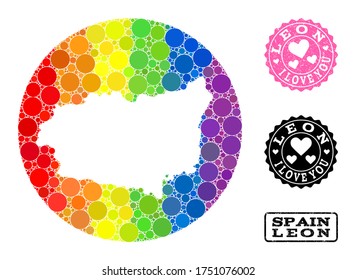 Vector mosaic LGBT map of Leon Province with spheric dots, and Love rubber seal stamp. Subtraction circle map of Leon Province collage composed with circles in various sizes,