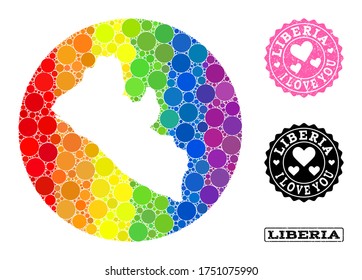 Vector mosaic LGBT map of Liberia with round items, and Love grunge seal stamp. Hole round map of Liberia collage composed with circles in different sizes, and rainbow bright color hues.
