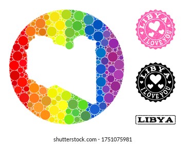Vector mosaic LGBT map of Libya with round items, and Love watermark seal. Subtraction circle map of Libya collage created with circles in variable sizes, and spectrum colorful color tinges.