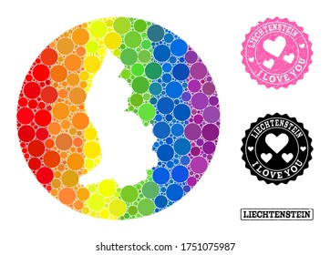 Vector mosaic LGBT map of Liechtenstein with circle spots, and Love rubber stamp. Subtraction circle map of Liechtenstein collage designed with circles in various sizes, and rainbow colored shades.