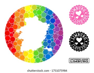 Vector mosaic LGBT map of Limburg Province from round items, and Love grunge seal stamp. Hole round map of Limburg Province collage designed with circles in different sizes,