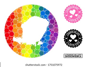 Vector mosaic LGBT map of Lombok Island of round dots, and Love scratched stamp. Stencil circle map of Lombok Island collage formed with circles in different sizes, and spectrum colored shades.