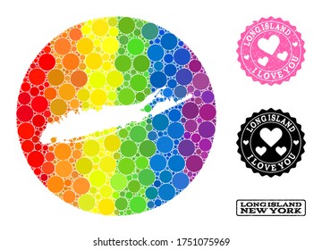 Vector mosaic LGBT map of Long Island with circle blots, and Love rubber seal stamp. Subtraction circle map of Long Island collage created with circles in different sizes,