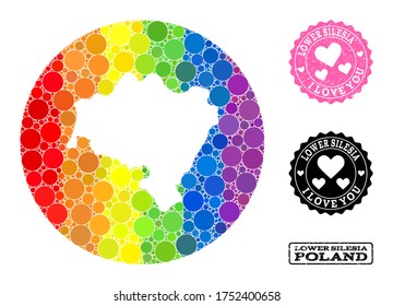 Vector mosaic LGBT map of Lower Silesia Province with round blots, and Love watermark seal. Subtraction round map of Lower Silesia Province collage composed with circles in different sizes,