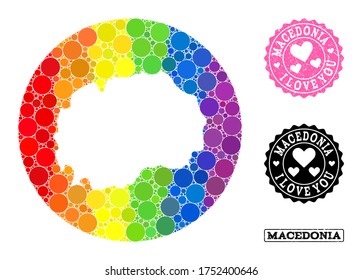 Vektor-Mosaik LGBT Karte von Mazedonien mit runden Punkten, und Liebe Gummi Stempel. Rundkarte von Mazedonien mit Kreisen in verschiedenen Größen und farbigen Farbtönen.