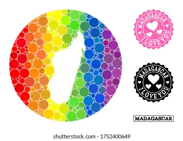 Vector mosaic LGBT map of Madagascar Island with round elements, and Love scratched stamp. Hole circle map of Madagascar Island collage created with circles in various sizes,