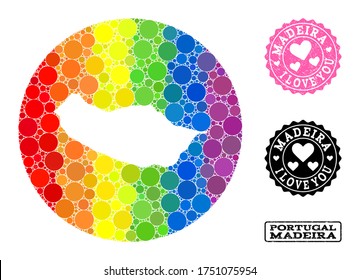 Vector mosaic LGBT map of Madeira Island with circle blots, and Love rubber seal stamp. Subtraction circle map of Madeira Island collage composed with circles in variable sizes,