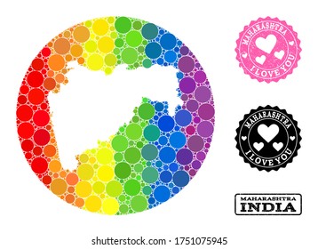 Vector mosaic LGBT map of Maharashtra State with round blots, and Love grunge seal. Stencil round map of Maharashtra State collage designed with circles in variable sizes, and spectrum bright shades.