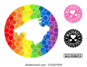 Vector mosaic LGBT map of Majorca with round blots, and Love watermark seal. Subtraction round map of Majorca collage designed with circles in variable sizes, and rainbow bright color tints.
