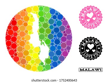Vektor-Mosaik LGBT-Karte von Malawi mit runden Blöcken und Love Grunge-Robbe. Subtraktionskreis-Karte von Malawi Collage mit Kreise in verschiedenen Größen und Spektrum mehrfarbige Schattierungen.