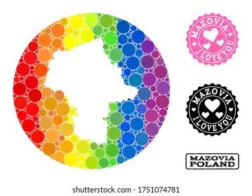 Vector mosaic LGBT map of Mazovia Province with round blots, and Love watermark seal. Stencil circle map of Mazovia Province collage designed with circles in different sizes,