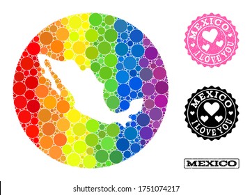 Vector mosaic LGBT map of Mexico from round spots, and Love scratched stamp. Subtraction round map of Mexico collage designed with circles in different sizes, and spectrum colorful shades.