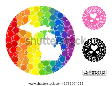 Vector mosaic LGBT map of Michigan State from round blots, and Love grunge seal. Stencil round map of Michigan State collage composed with circles in various sizes, and spectrum colorful color hues.