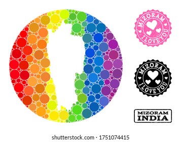 Vector mosaic LGBT map of Mizoram State with circle spots, and Love grunge seal. Subtraction circle map of Mizoram State collage created with circles in variable sizes,