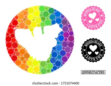 Vector mosaic LGBT map of Moorea Island with round items, and Love grunge seal. Subtraction round map of Moorea Island collage composed with circles in different sizes, and spectrum colored shades.