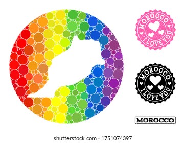 Vector mosaic LGBT map of Morocco with spheric elements, and Love grunge seal. Stencil circle map of Morocco collage designed with circles in different sizes, and rainbow bright color tinges.