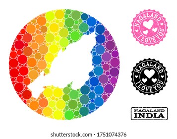 Vector mosaic LGBT map of Nagaland State with round spots, and Love watermark stamp. Subtraction round map of Nagaland State collage designed with circles in variable sizes,